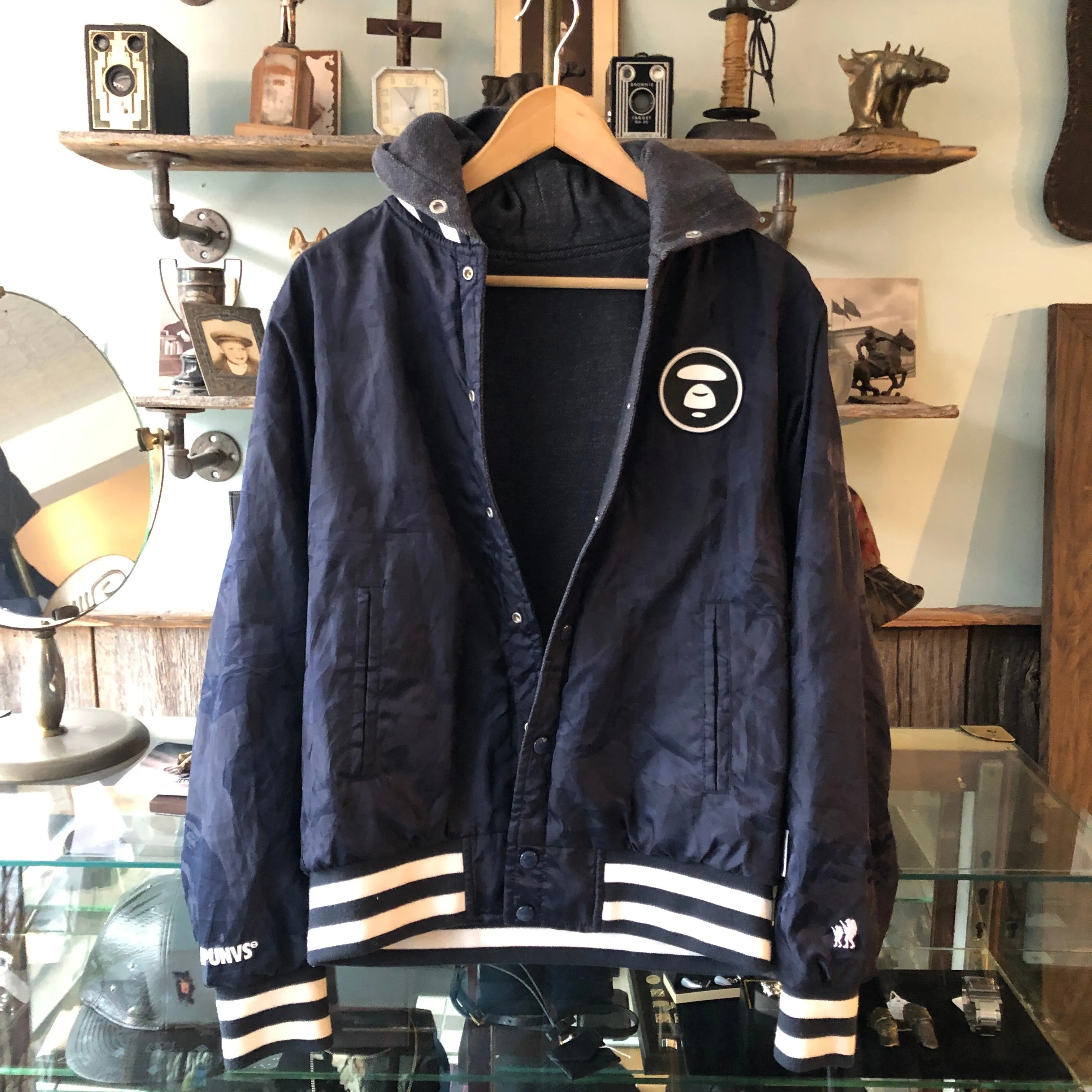 A Bathing Ape Reversible Blue Camo Hooded Bomber Jacket - M