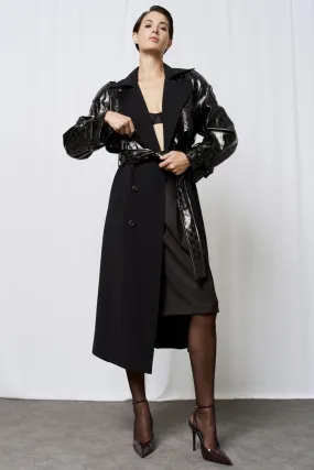 Access Fashion 9003 Black Wool Trench Coat Monogram Pattern