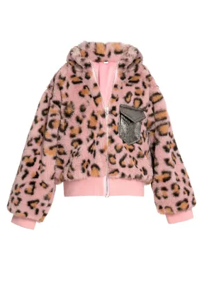 Animal Print Faux Fur Bomber Jacket (B28344)