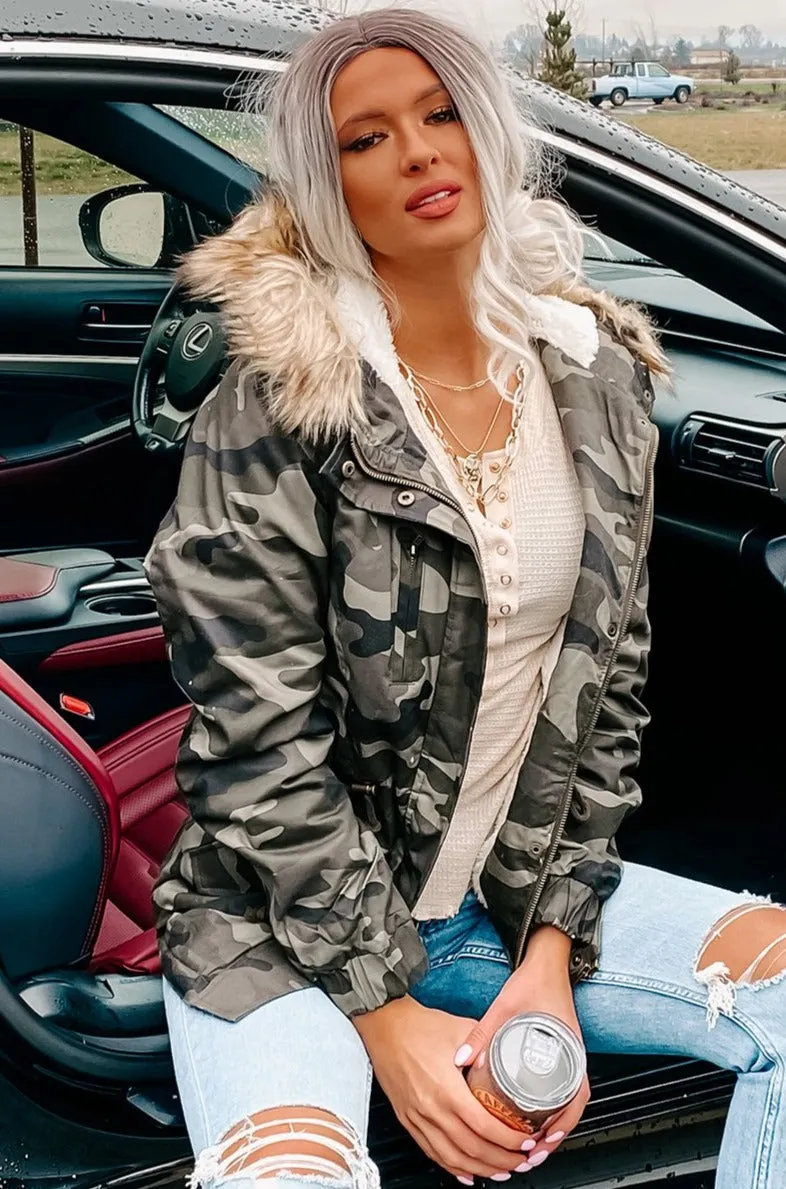 Arctic Adventure Fur Trimmed Camo Coat (Olive)