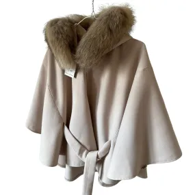 Beige Cape Coat Belted Feminine Elegant Statement Poncho with Hood Raccoon Fur Trim Detachable