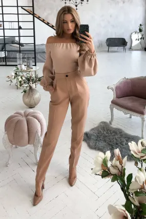 Beige High Waisted  Regular Fit Pants