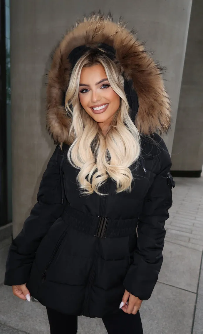 Black/Natural Fur Luxury Fur Padded Belted Coat
