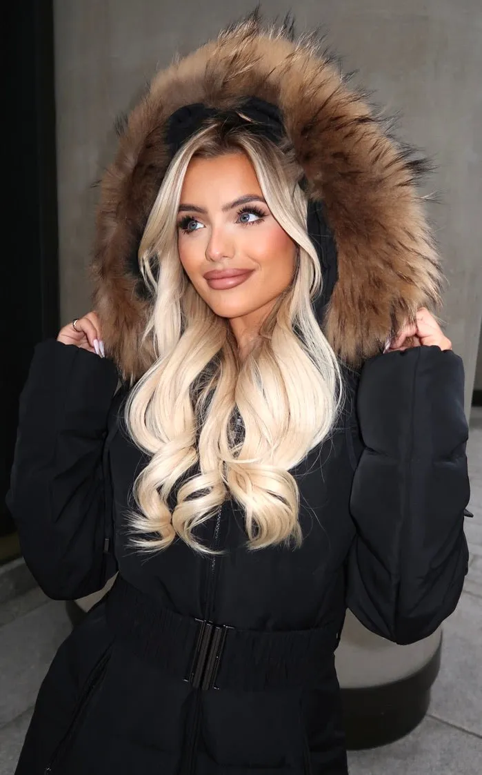 Black/Natural Fur Luxury Fur Padded Belted Coat