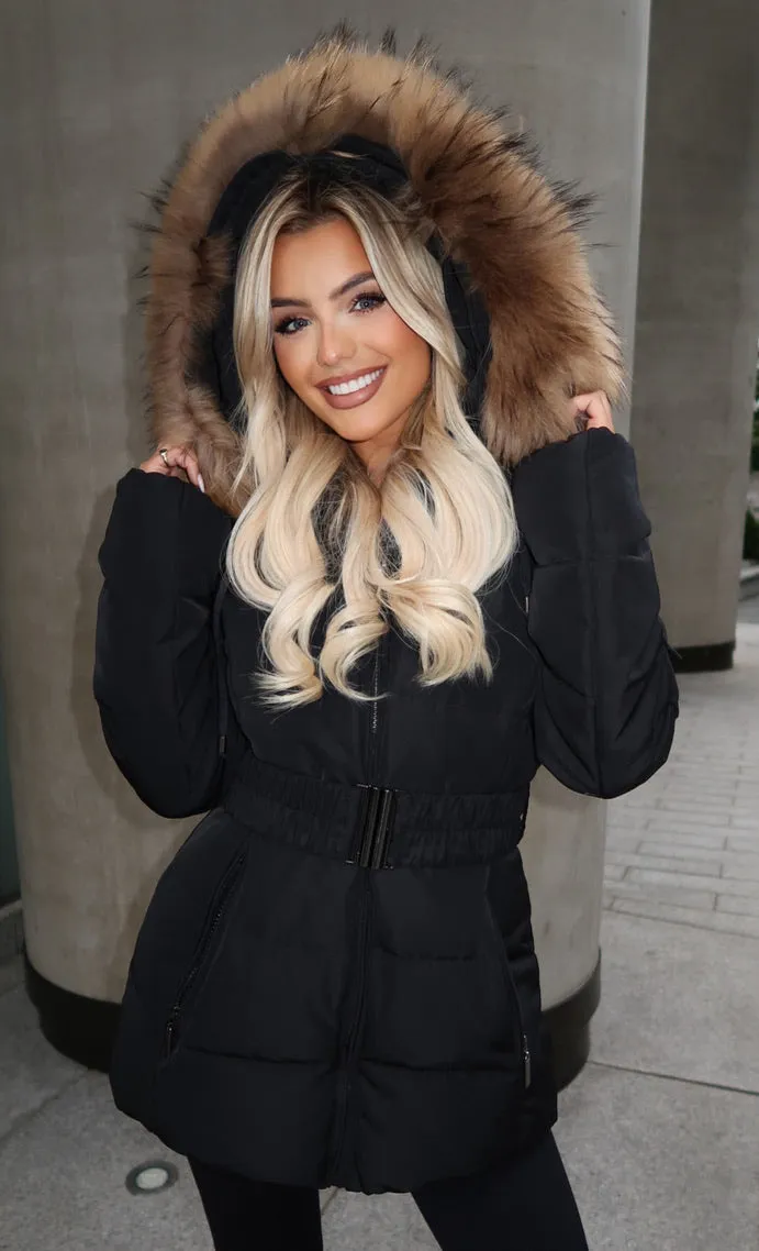 Black/Natural Fur Luxury Fur Padded Belted Coat