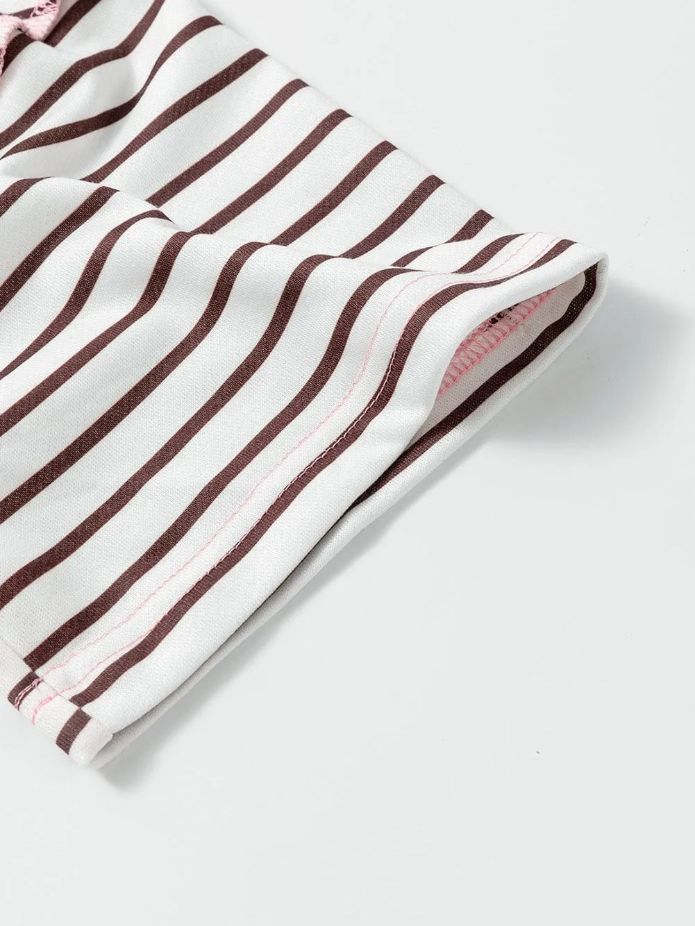 Brown Striped Textured Patchwork T-Shirt Dress with Button Detail