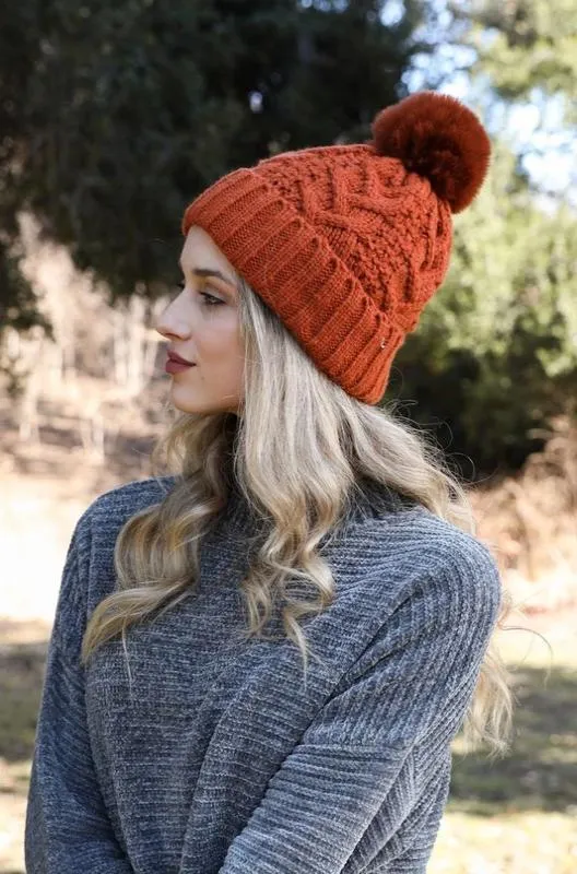 Cable Knit Pom Pom Beanie Hat in Multiple Colors