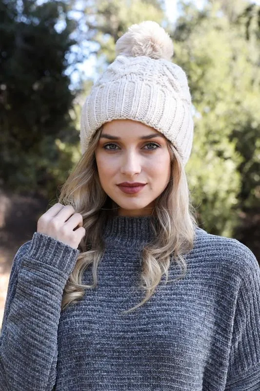 Cable Knit Pom Pom Beanie Hat in Multiple Colors