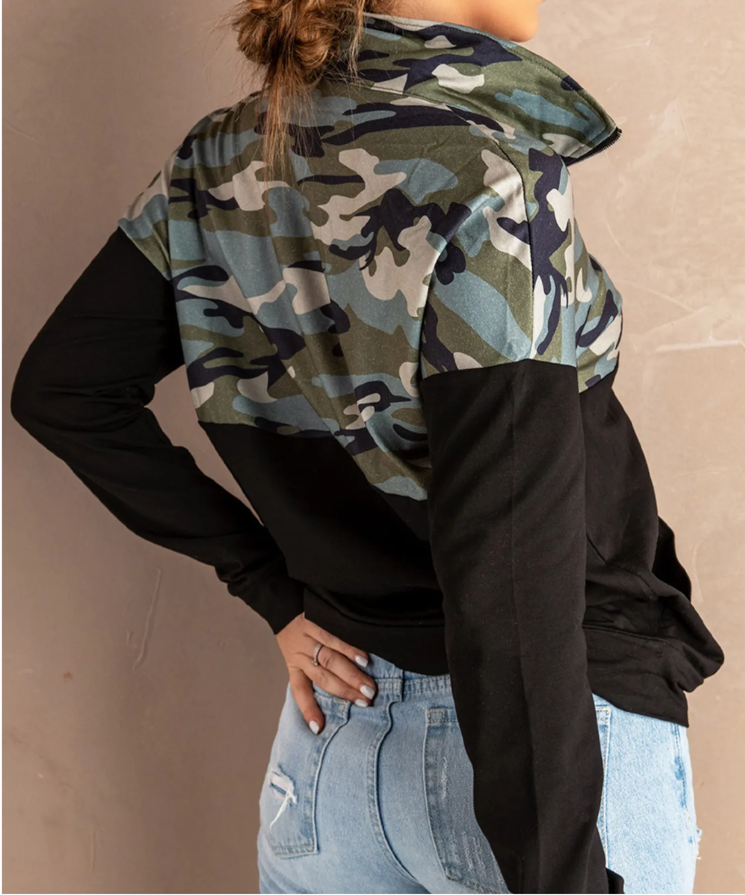 Camo and Black Zip Collar Sweatshirt