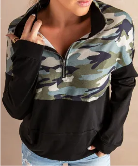 Camo and Black Zip Collar Sweatshirt