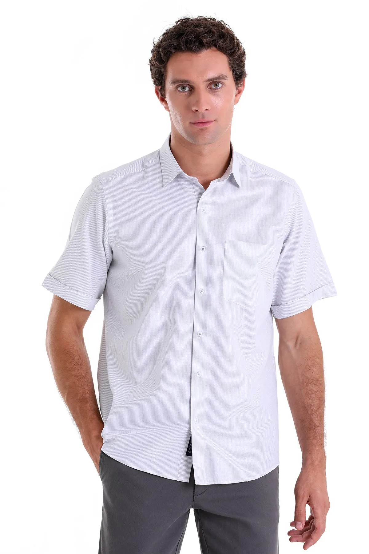 Comfort Fit Striped Cotton Blend Gray Dress Shirt