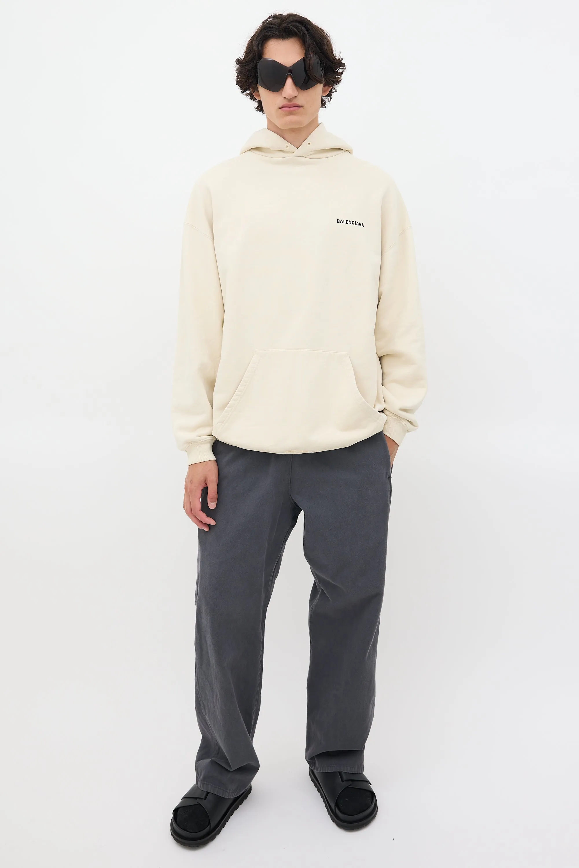 Cream Embroidered Logo Pullover Hoodie