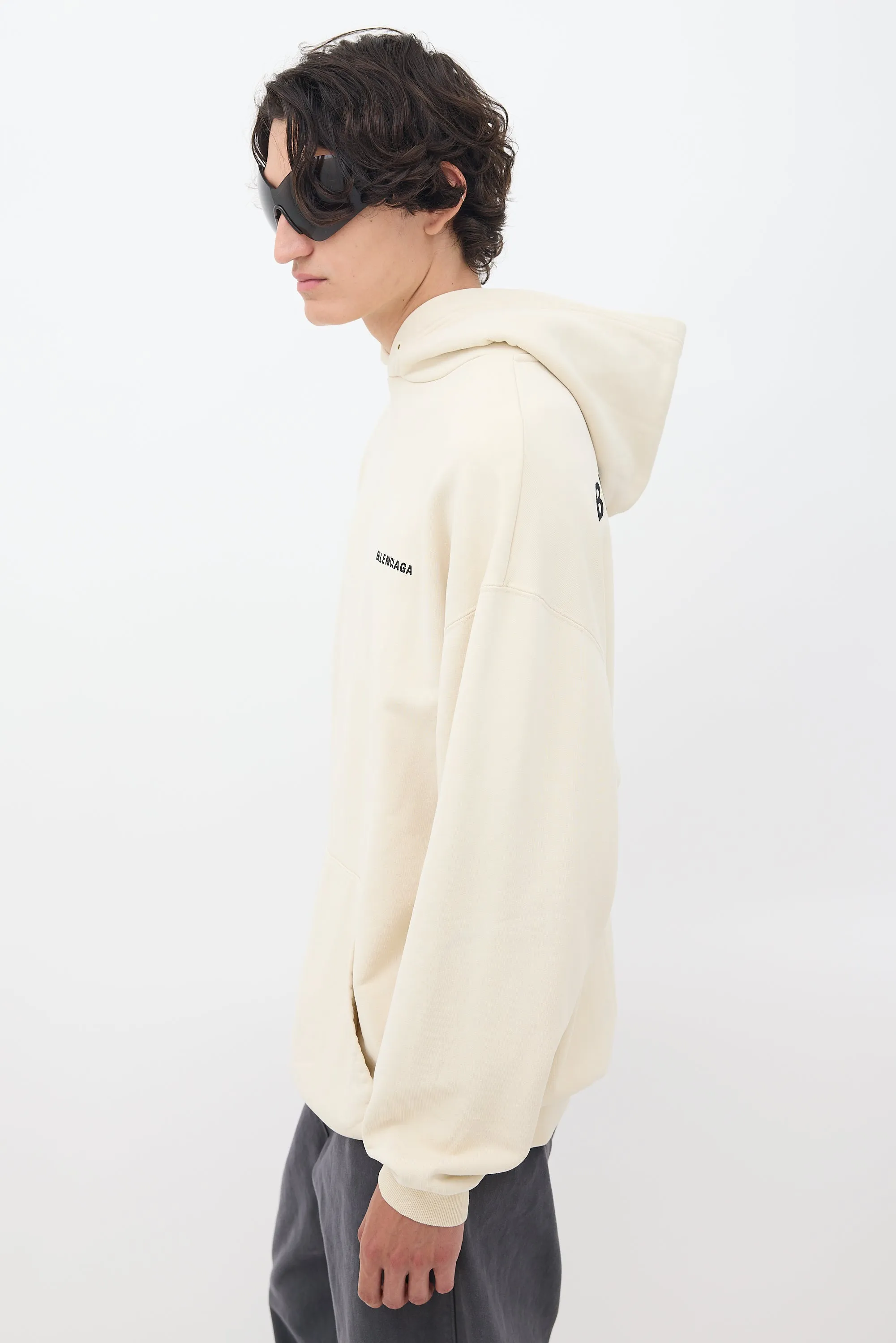 Cream Embroidered Logo Pullover Hoodie