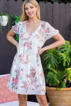 CREAM SWEETHEART NECKLINE PUFF SLEEVE FLORAL DRESS (NOW $4.75 ONLY!)