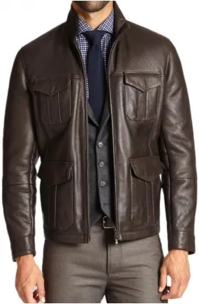 Dany Brown Leather Jacket Men Biker Motorcycle Sheepskin