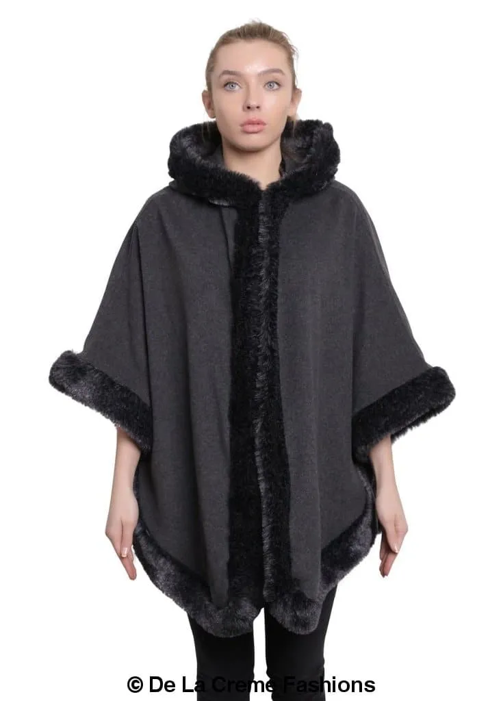 De La Creme - Womens Wool & Cashmere Blend Fur Lined Hooded Cape