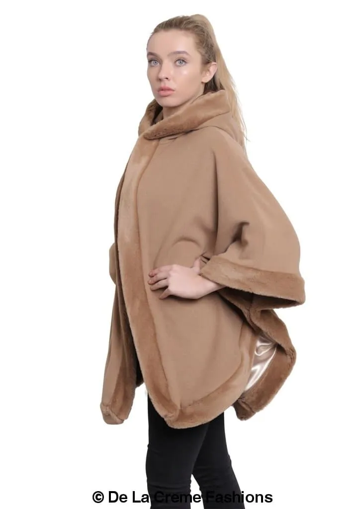 De La Creme - Womens Wool & Cashmere Blend Fur Lined Hooded Cape