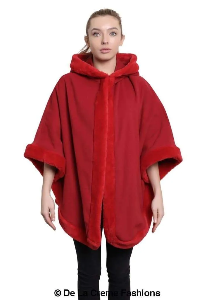 De La Creme - Womens Wool & Cashmere Blend Fur Lined Hooded Cape