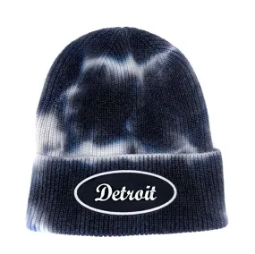 Detroit Script Oval Embroidered Patch Beanie, Black and White Tie Dye Cap
