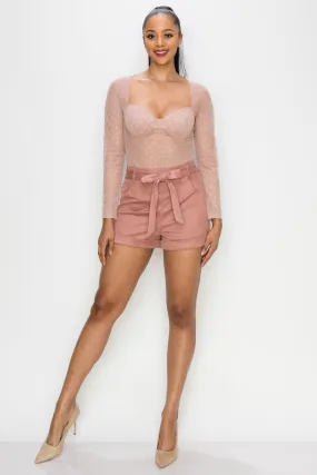 Dusty Blush Diamond-patterned Sheer Bodysuit_