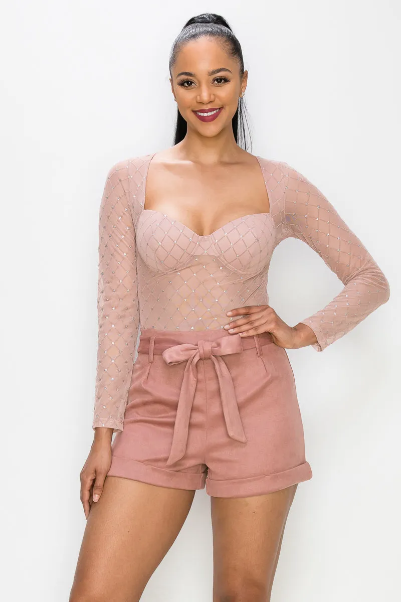 Dusty Blush Diamond-patterned Sheer Bodysuit_