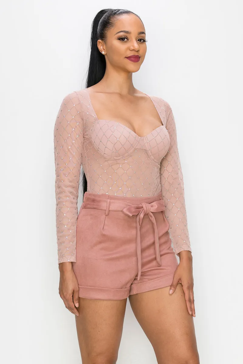 Dusty Blush Diamond-patterned Sheer Bodysuit_