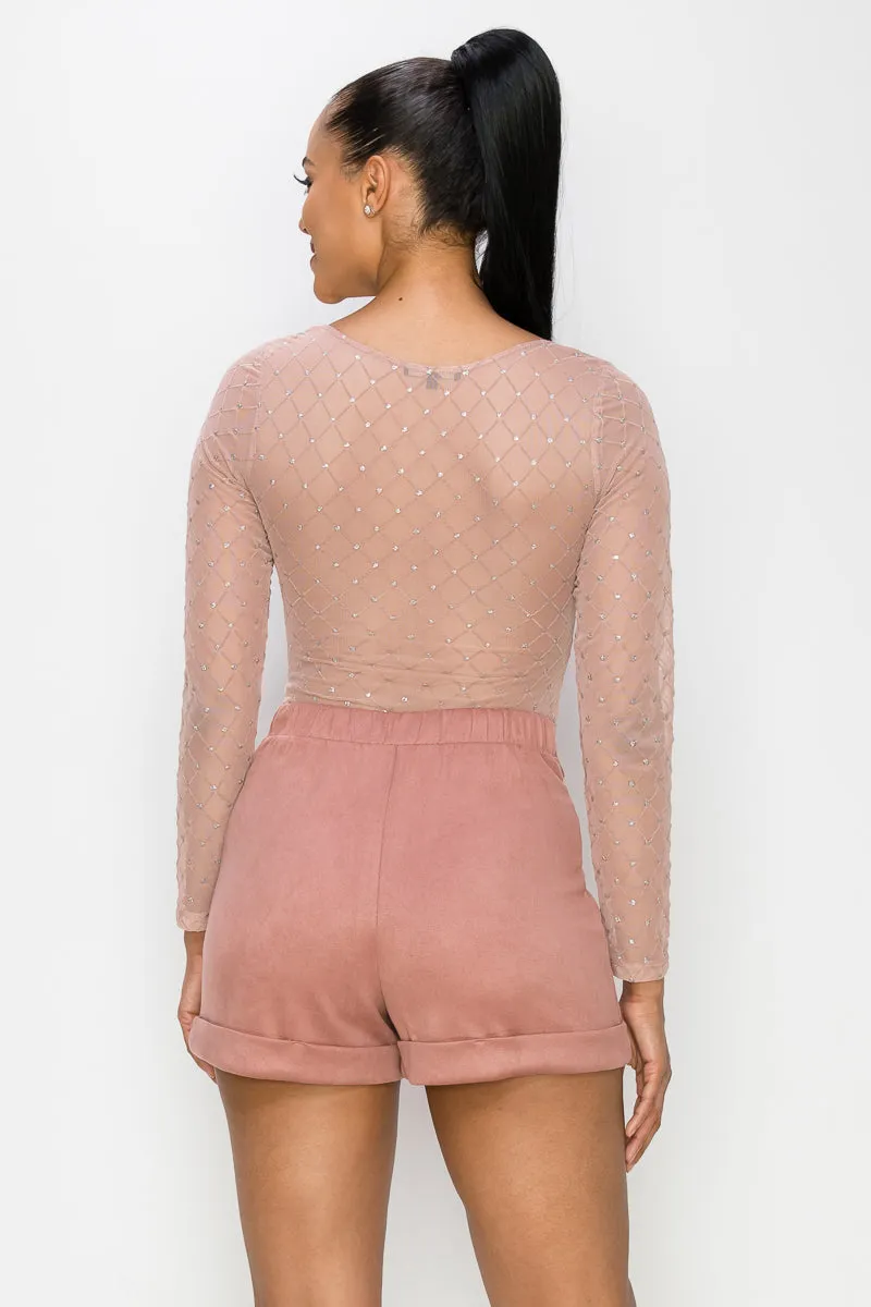 Dusty Blush Diamond-patterned Sheer Bodysuit_