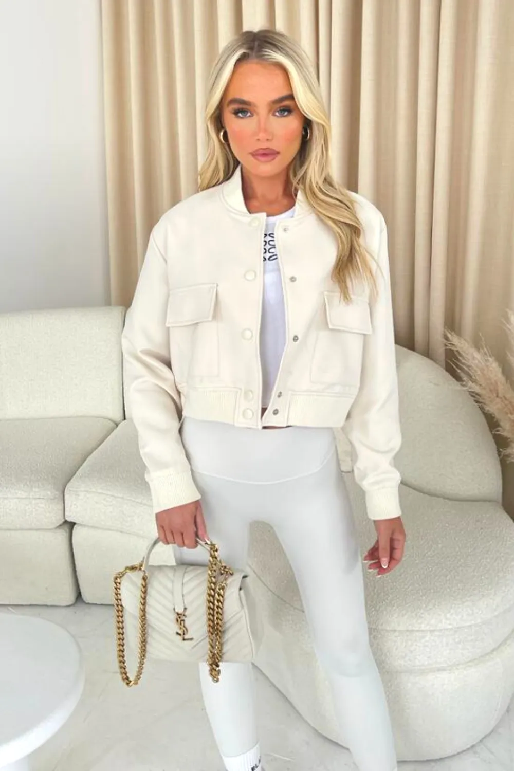 Fallon cream cropped long sleeve bomber jacket
