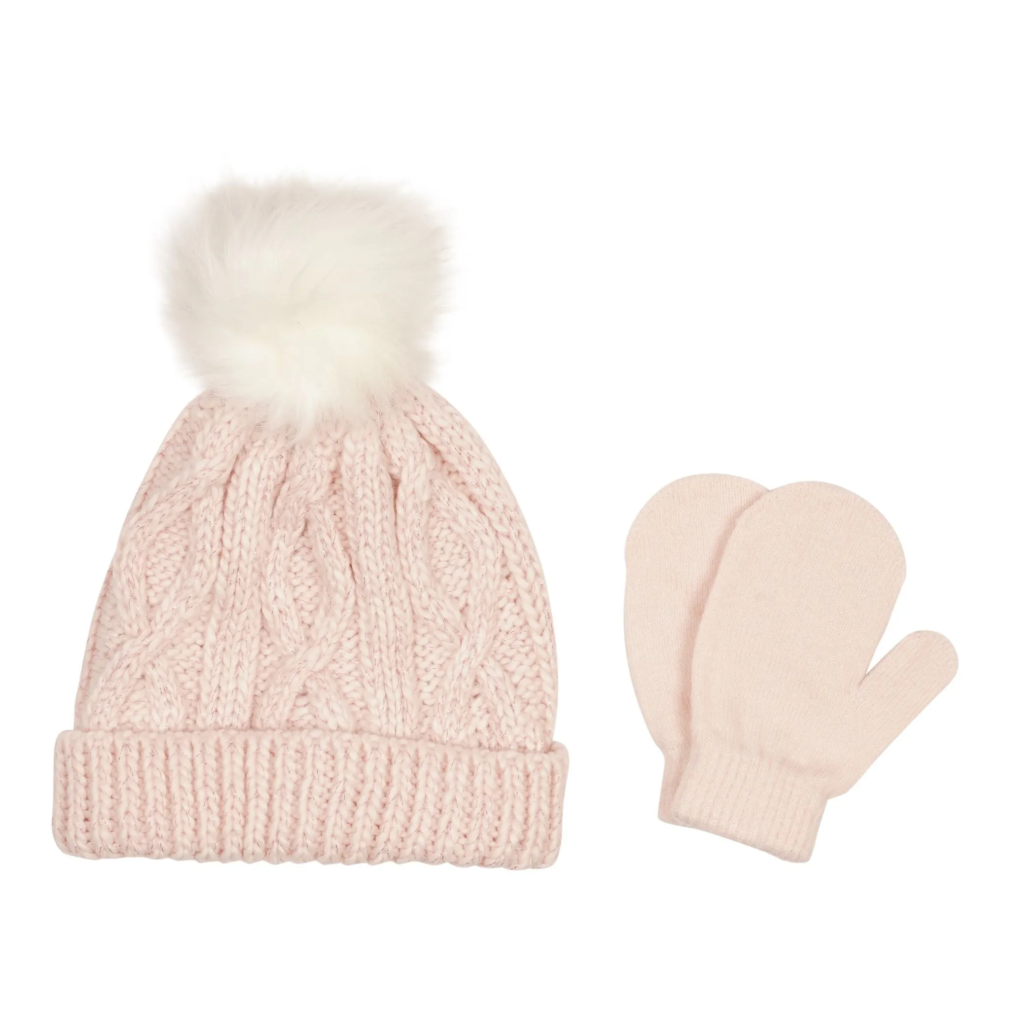 Faux Pom Cable Knit Cuff Hat & Mitten