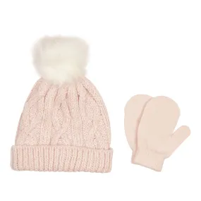 Faux Pom Cable Knit Cuff Hat & Mitten