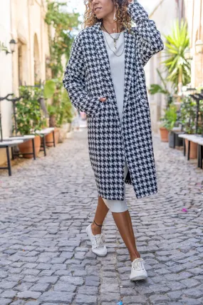 GNS Women's Black and White Lined Houndstooth Patterned Pocketed Oversized Buttoned Coat Bst3299 - Drancy