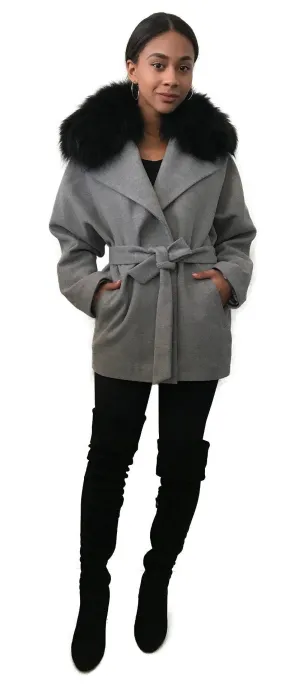 Grey Wrap Elegant Women coat, Short Belted Feminine Overcoat Trim Fox Fur, Woolen blend Coat Wrap