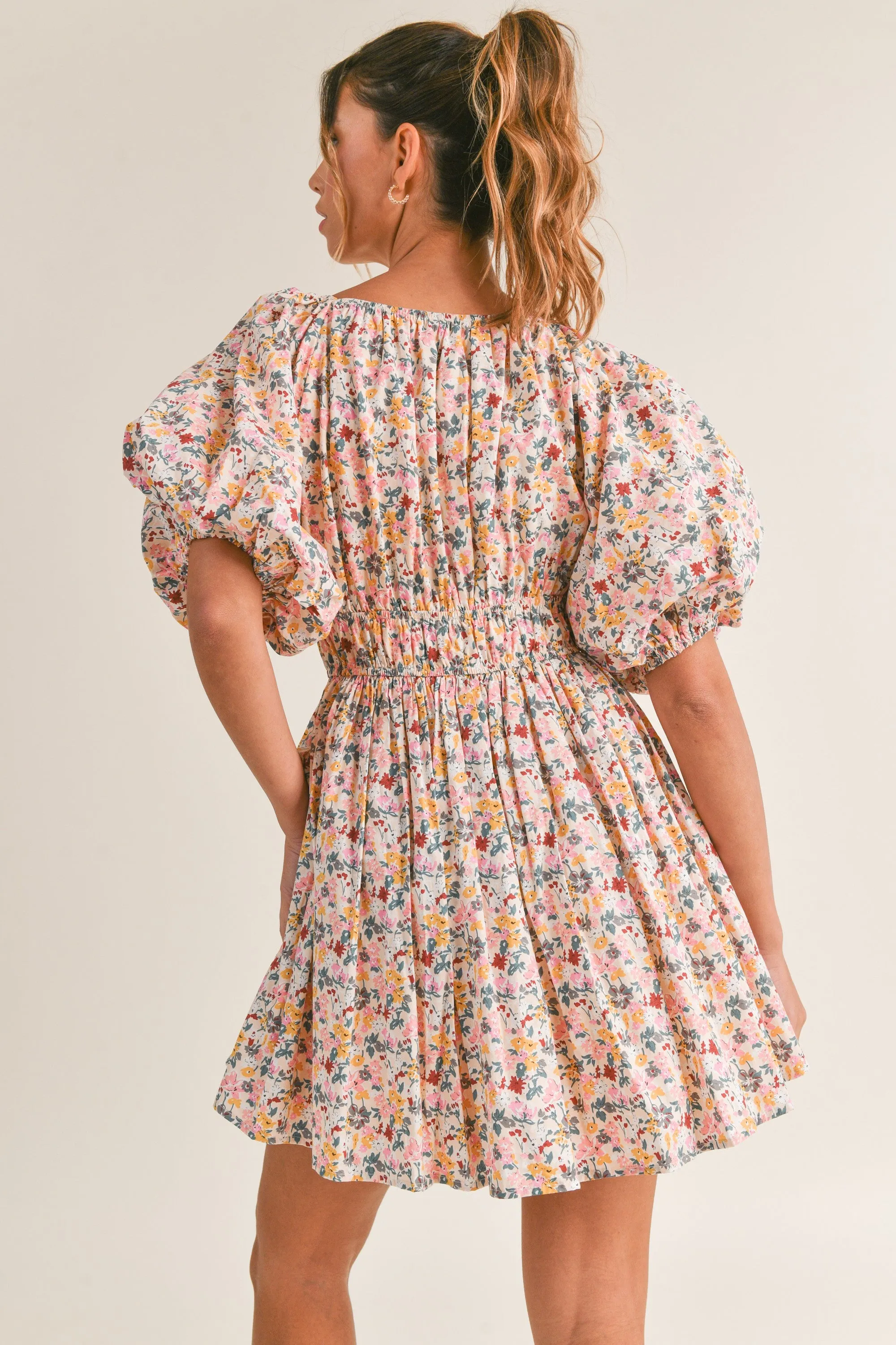 Harley Floral Print V-Neck Puff Sleeve Mini Dress - Pink