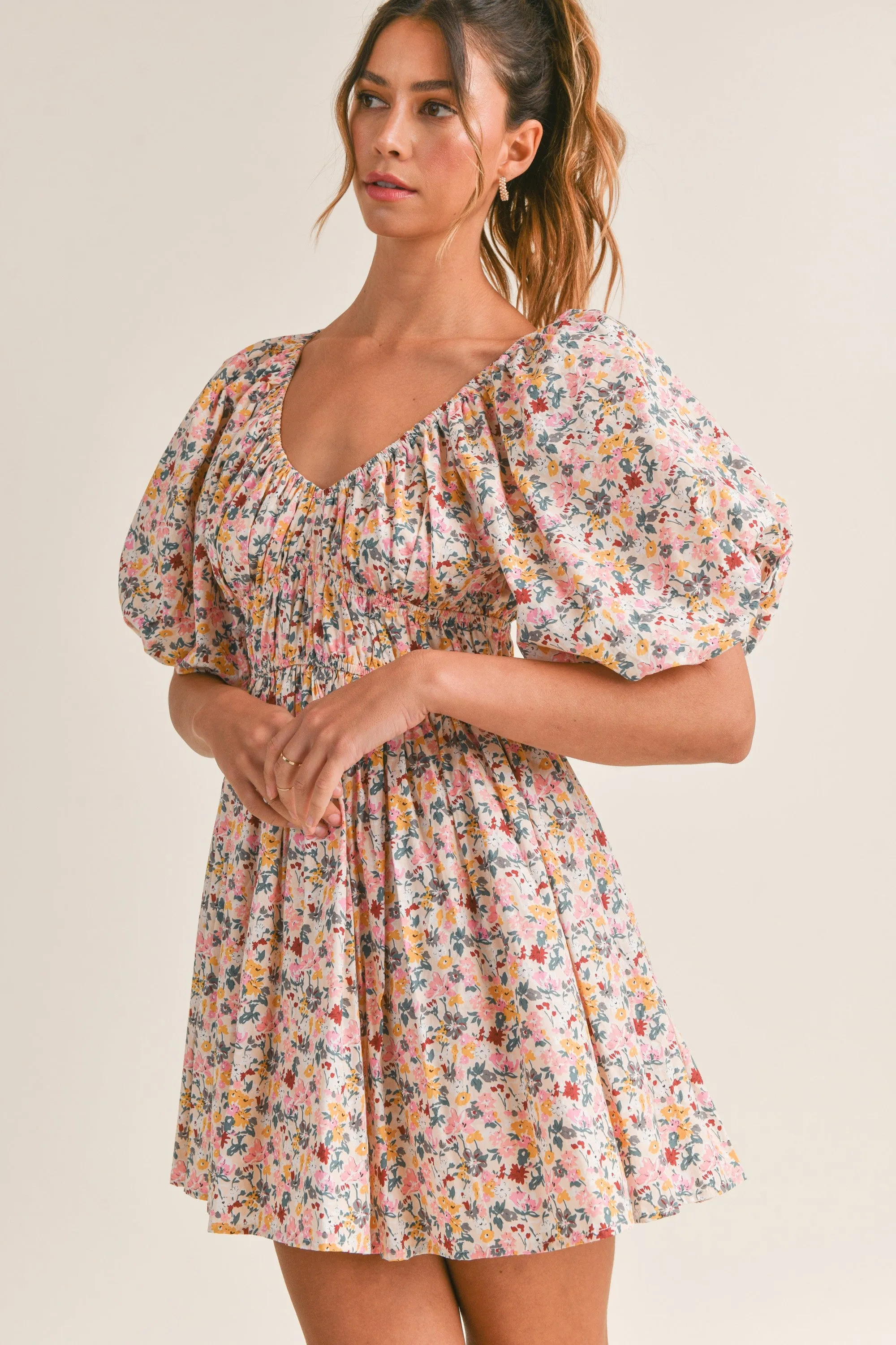 Harley Floral Print V-Neck Puff Sleeve Mini Dress - Pink