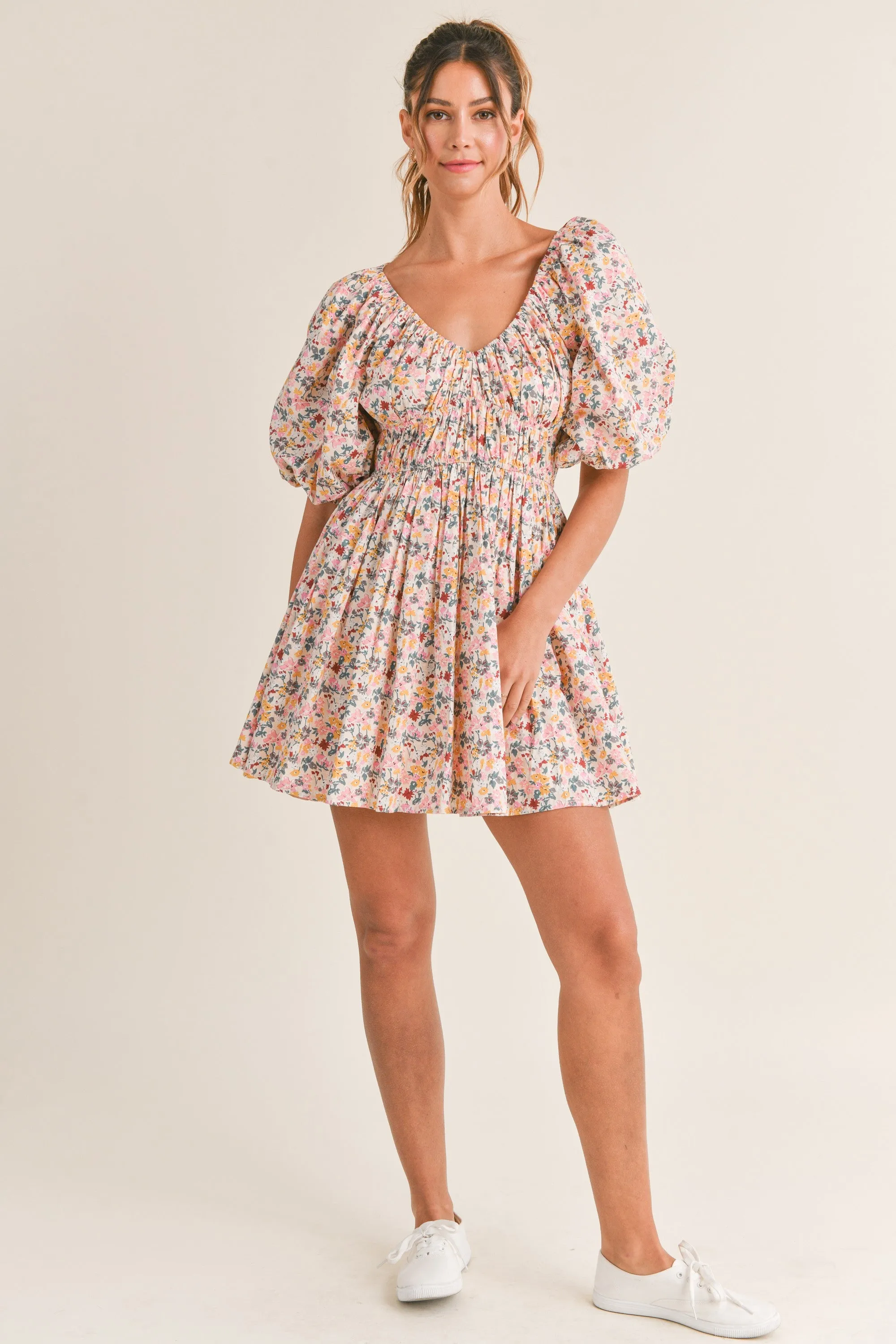 Harley Floral Print V-Neck Puff Sleeve Mini Dress - Pink