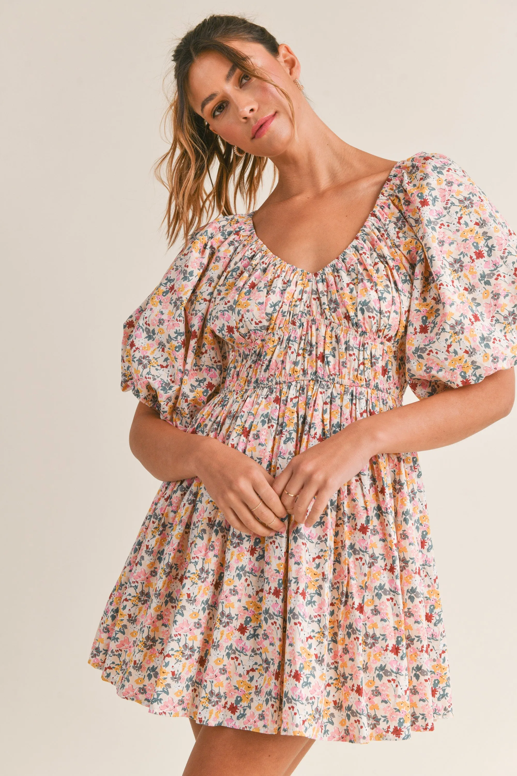 Harley Floral Print V-Neck Puff Sleeve Mini Dress - Pink