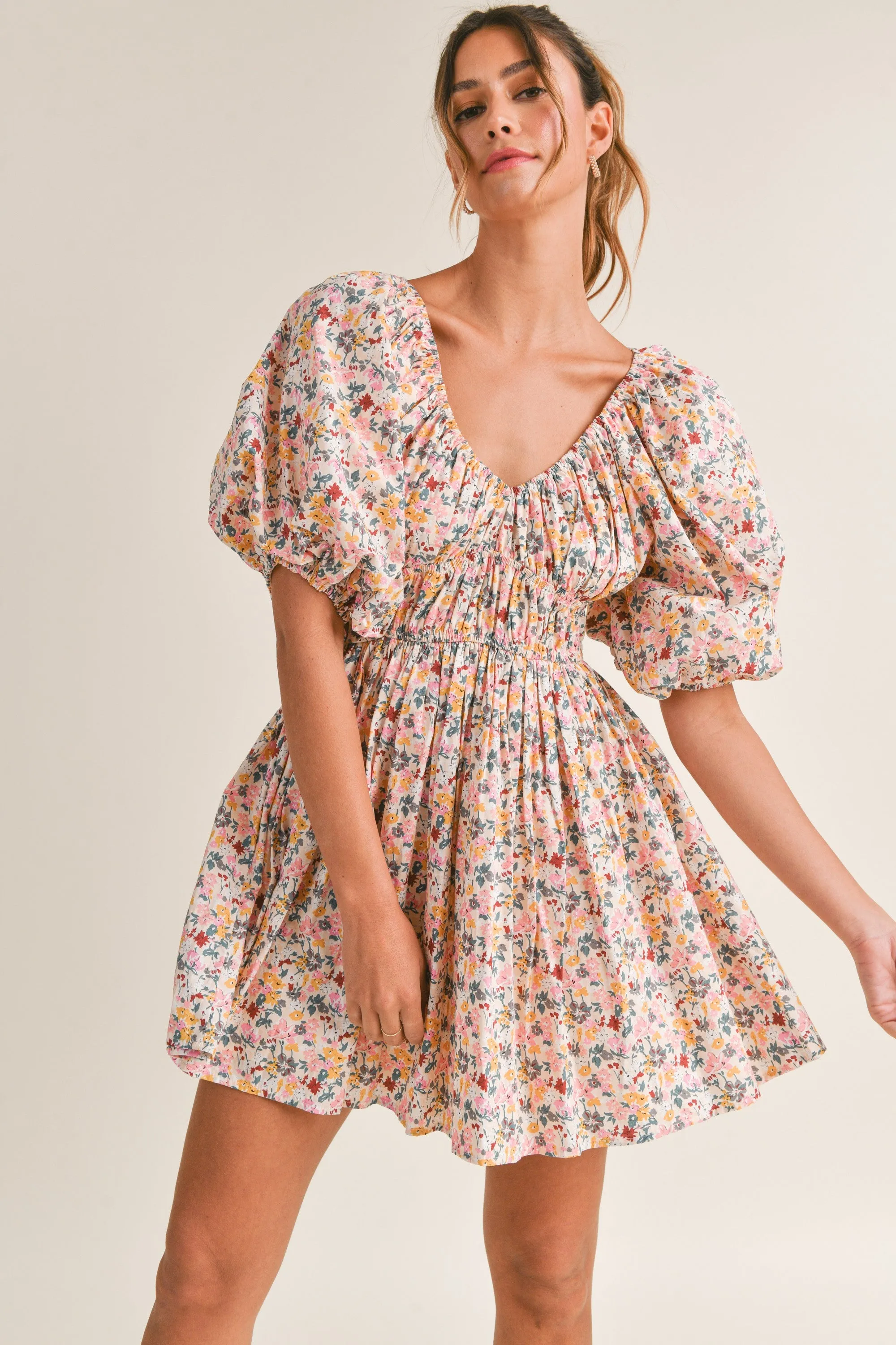 Harley Floral Print V-Neck Puff Sleeve Mini Dress - Pink