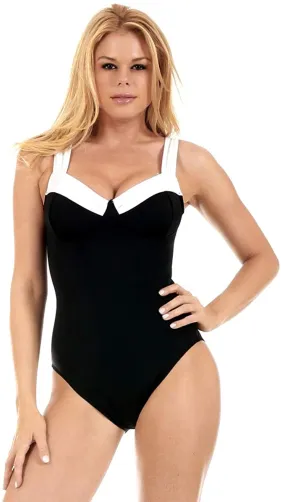 InstantFigure Women's Compression Shapewear Contrast Trim Tummy Control Padded One Piece  Color Black Size 14