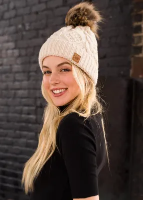 Knit Pom-Pom Beanie Hat-Beige