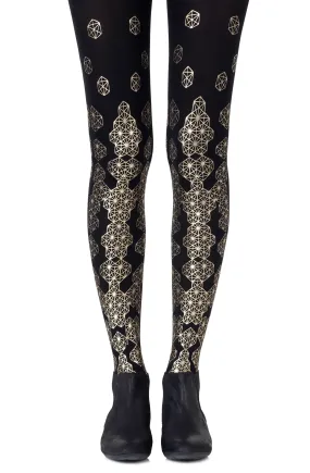 Ladies Elegant Metallic Gold Honeycomb Print 120 Denier Opaque Black Tights