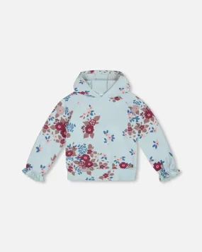 Light Blue Fleece Hoodie With Printed Flowers