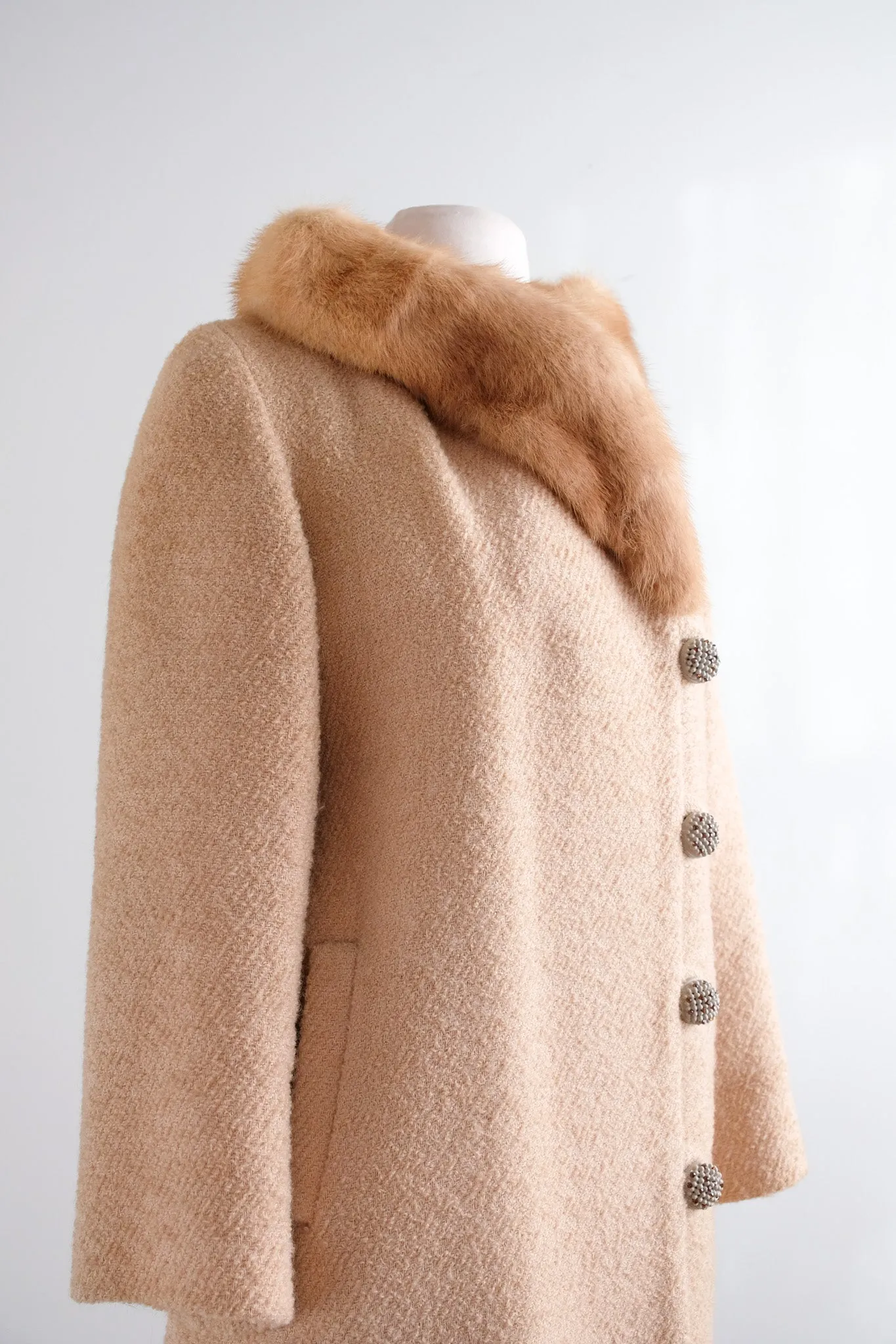Luxurious 1960's Camel Textured Wool Mink Evening Coat / Sz M