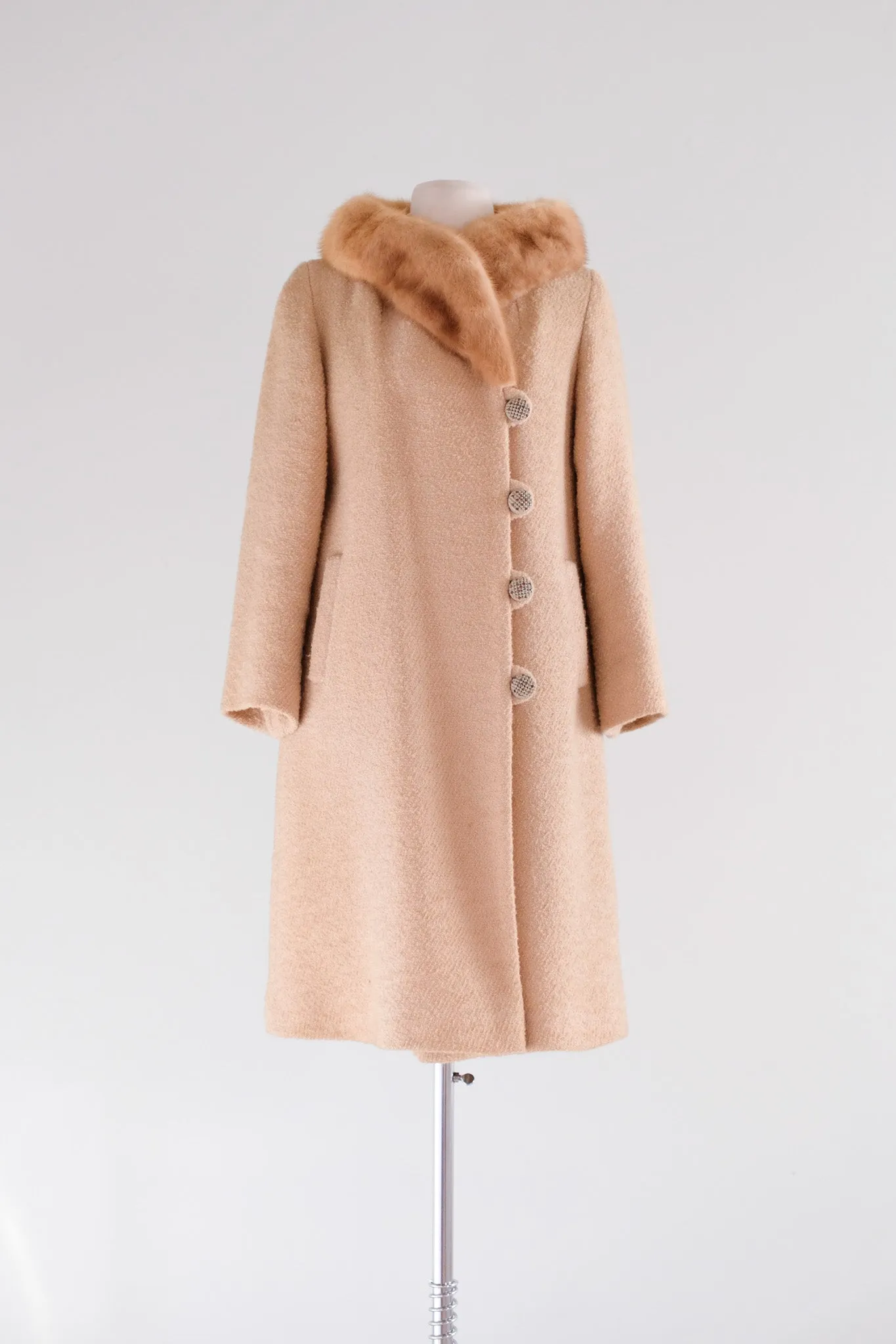 Luxurious 1960's Camel Textured Wool Mink Evening Coat / Sz M