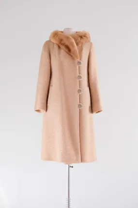 Luxurious 1960's Camel Textured Wool Mink Evening Coat / Sz M