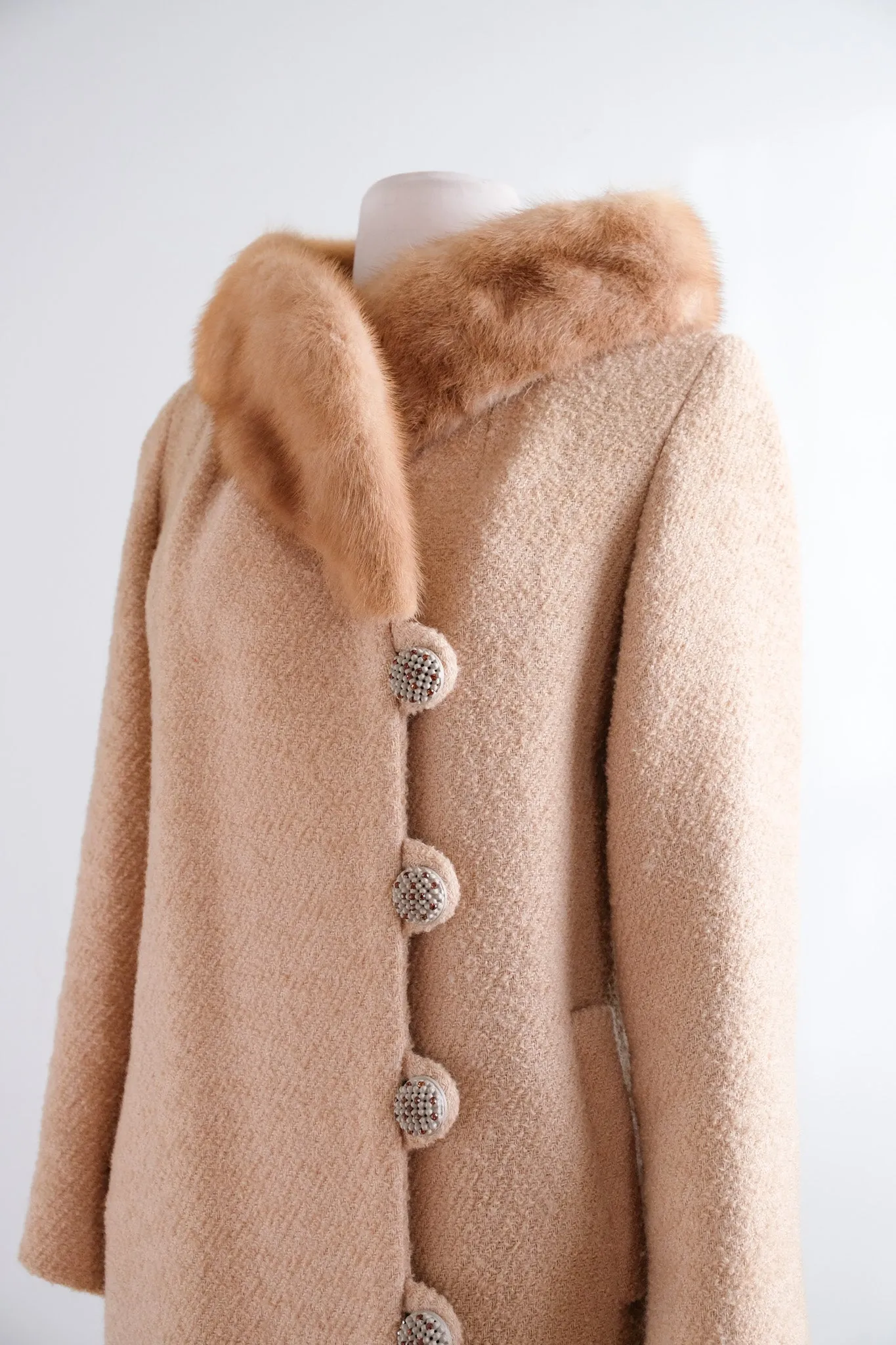 Luxurious 1960's Camel Textured Wool Mink Evening Coat / Sz M