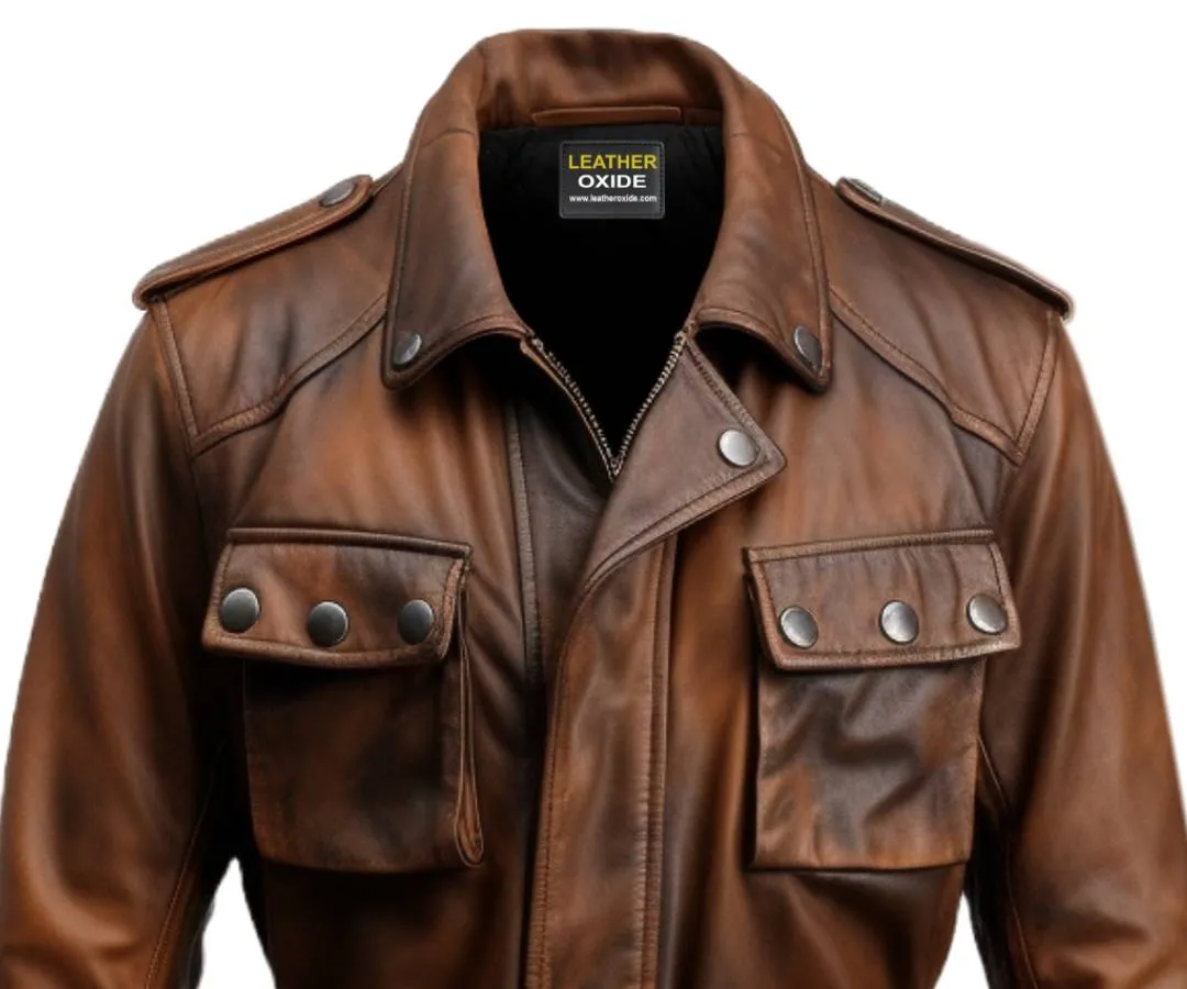 Men Military Style Vintage Leather Jacket - Vintage Leather Jacket