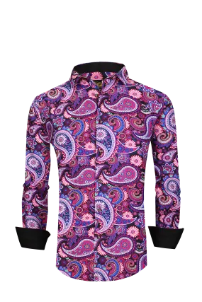 Men PREMIERE Long Sleeve Button Up Dress Shirt Colorful Pink Purple Paisley
