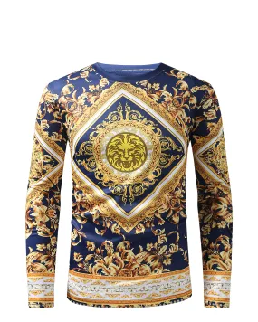 Men PREMIERE SLIM FIT Long Sleeve T SHIRT NAVY BLUE WHITE GOLD LION PRINT Designer Shirt