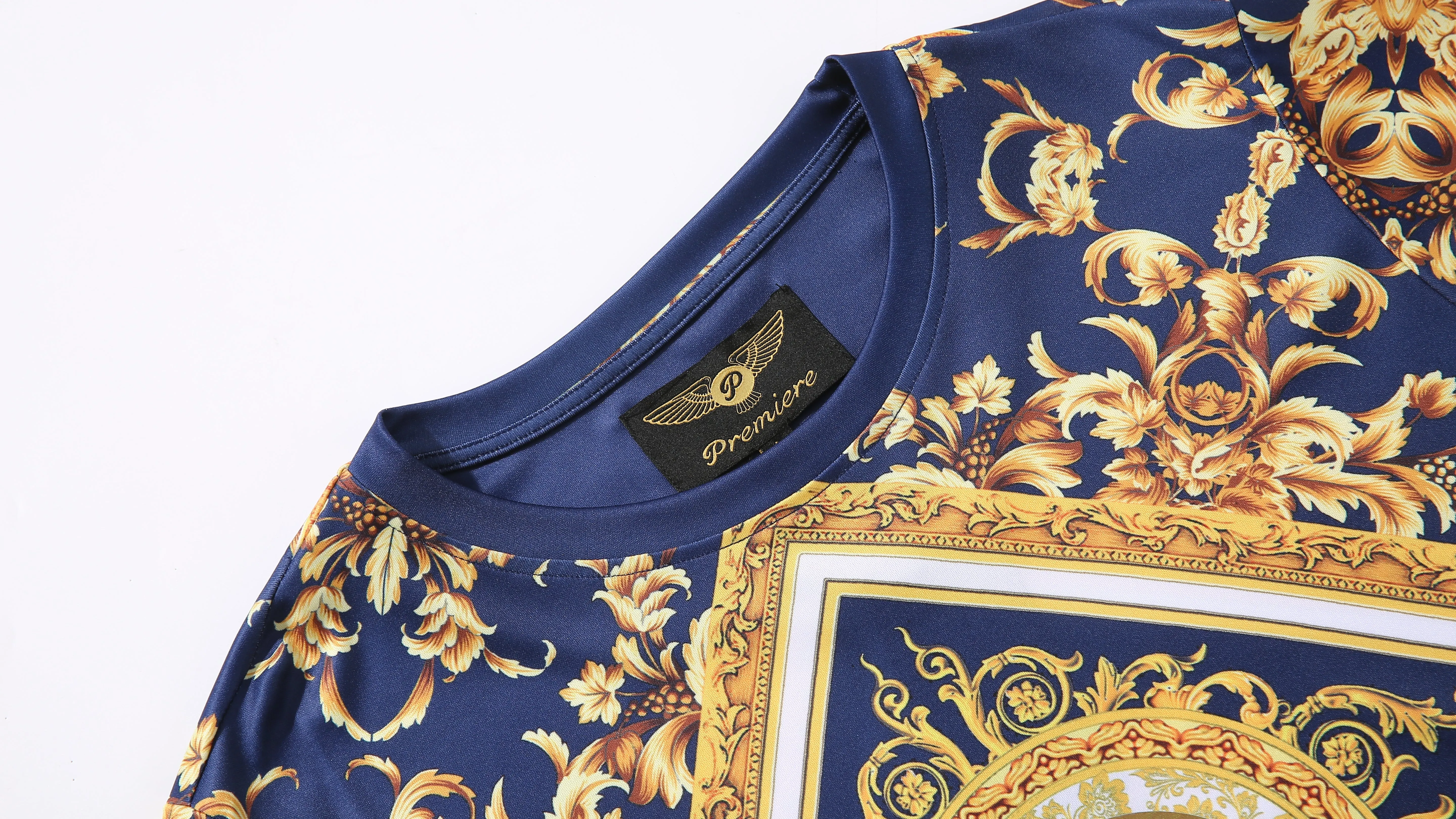 Men PREMIERE SLIM FIT Long Sleeve T SHIRT NAVY BLUE WHITE GOLD LION PRINT Designer Shirt