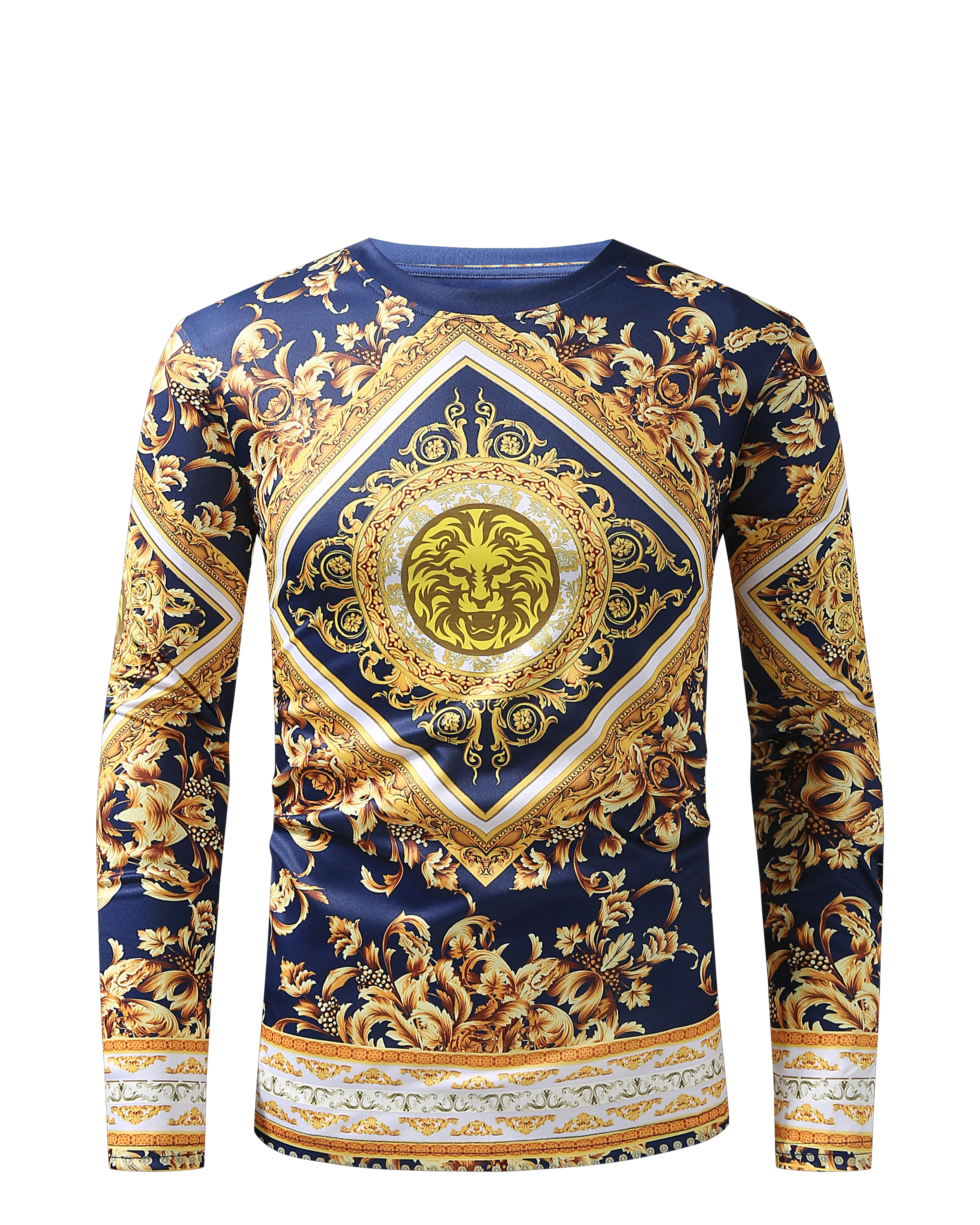 Men PREMIERE SLIM FIT Long Sleeve T SHIRT NAVY BLUE WHITE GOLD LION PRINT Designer Shirt